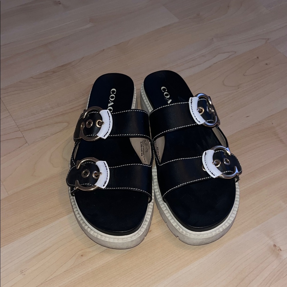 Coach Black and White Buckle Sandals